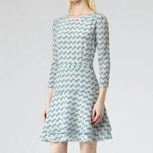 Reiss Giselle Watercolor Three-Quarter Sleeve Blue Geo Print Silk Dress Size 12
